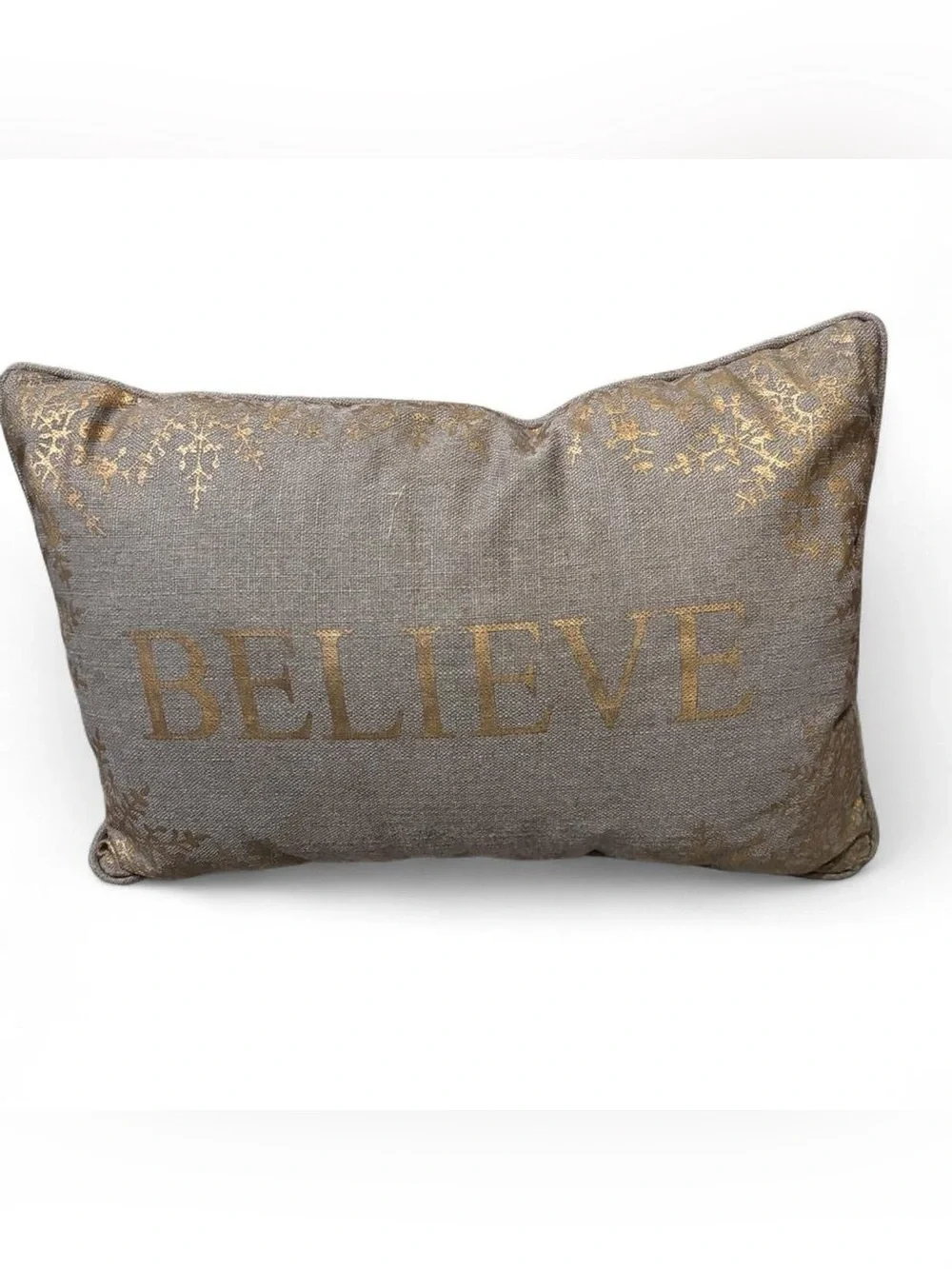 Holiday 'Believe' Decorative Pillow in Gold on Gray